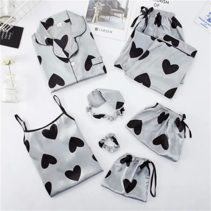 Spring Autumn 7 Pieces Set Silk Elegant Women Pajamas Print Shorts Long Sleeve Top Elastic Waist Pants Lounge Sleepwear