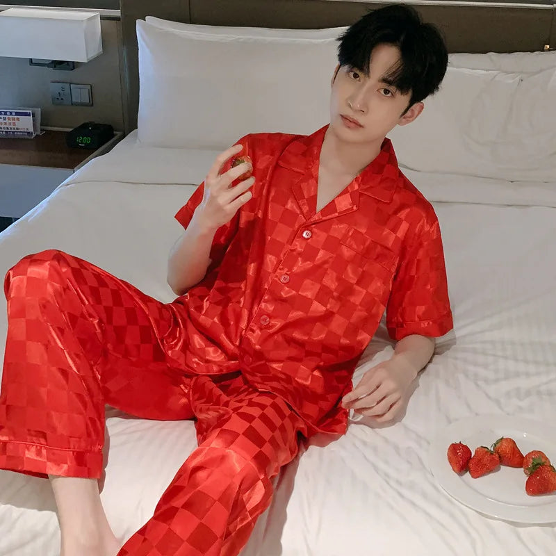 White Striped Men Pajamas Suit Short Sleeved Long Pants Thin Ice Silk Sleepwear Summer Satin Silk Home Clothing Set Pyjamas Male