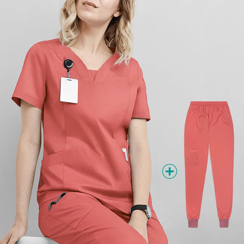 Woman Medical Scrubs Set, V-Neck Short Sleeve Nursing Uniforms With Multi-Pockets, Professional Workwear For Dental Clinic, Sp