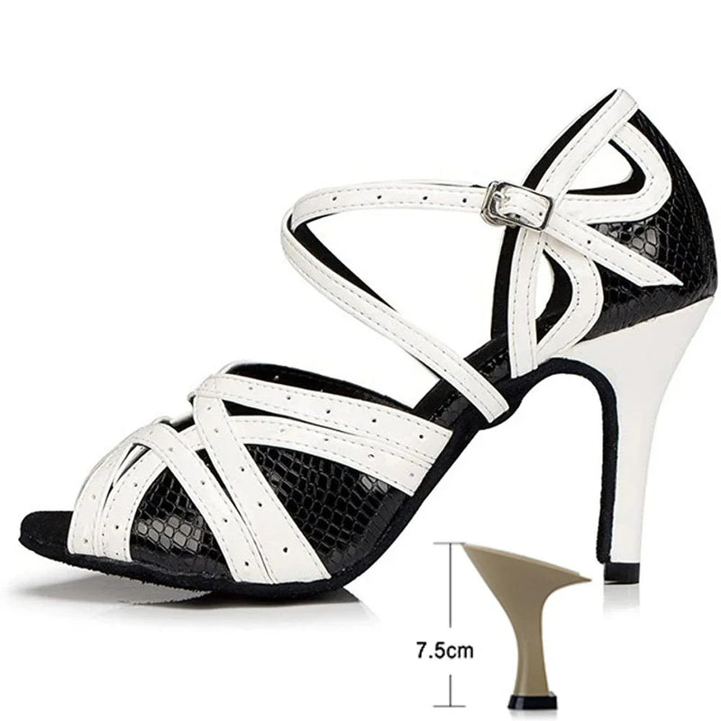 Black White Latin Dance Shoes for Womens Soft Bottom Indoor Jazz Tango Cha Cha Party High Heel Girl Dancing  Hollow Out Sandals