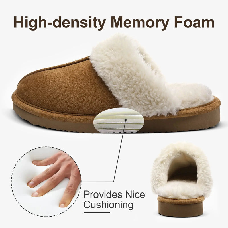 Kidmi Women's Plush Slippers Fine Stitch Fine-edged Seams Rustic Wood Button High-density Memory Foam Cotton Slippers for Indoor