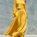 Womens Solid Skirt Two Piece Sets Sexy One-Shoulder Long Sleeve Crop Top  + Slim Long Skirt Set Autumn Casual Party 2pcs Outfits