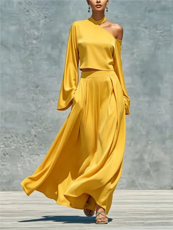 Womens Solid Skirt Two Piece Sets Sexy One-Shoulder Long Sleeve Crop Top  + Slim Long Skirt Set Autumn Casual Party 2pcs Outfits