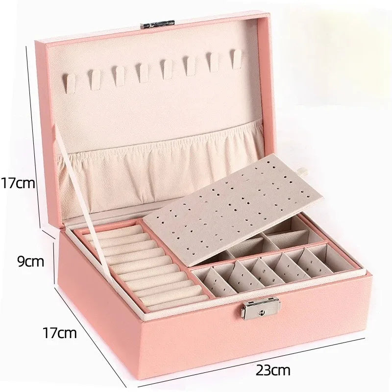 Double-layer Jewlery Box Ring Box Jewelry Boxes with Locks, PU Leather Jewelry Storage Organizer and Makeup Case