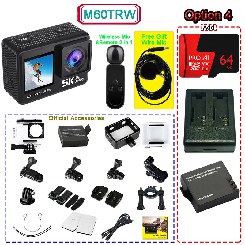 Action Camera 5K 4K60FPS  50MP 2" Touch Dual Screen 5X Zoom Wi-Fi EIS  170° DVR Webcam Wireless Mic 30M Waterproof Sport Camera