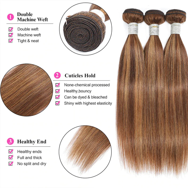 32 Inch Honey Blonde Straight Bundles P4/27 Highlight Straight Human Hair Bundles Brown Colored Brazilian Hair Weave Bundles
