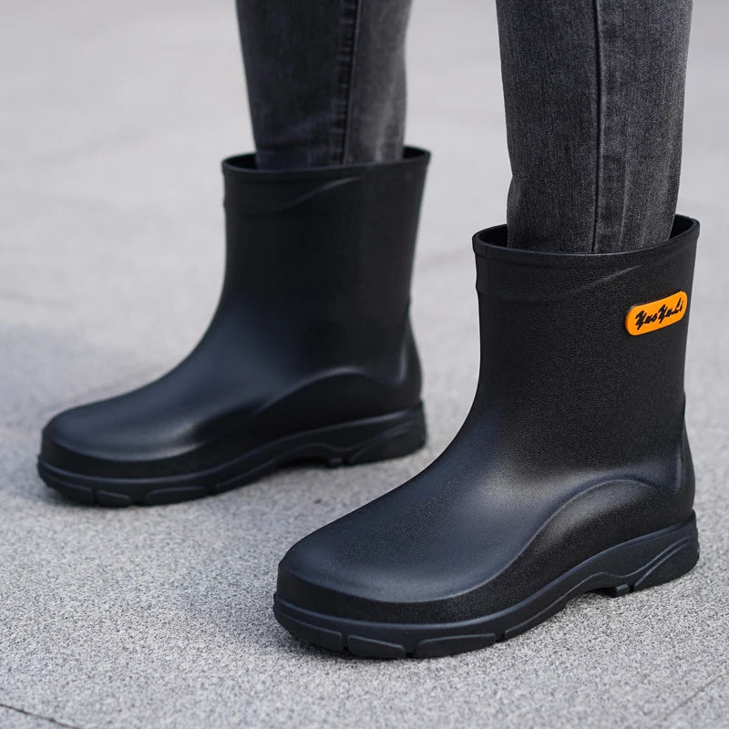 Short tube rain shoes for men, waterproof and anti slip, mid tube water shoes, rainy day delivery riders, low cut work rubber ra