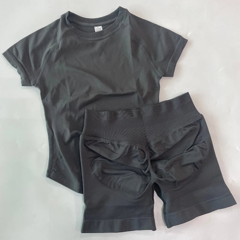 1-2 Pieces Sports Sets Short Sleeve Seamless Yoga Top Gym Suit T-shirt Set Fitness Set Women Workout Running Sports Shorts