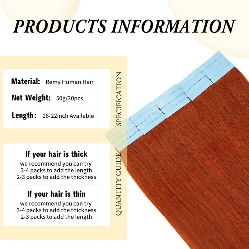 Doreen Copper Red Tape In Human Hair Extensions 16 to 24 Inch 50g/set PU Seamless Skin Weft 350# Colored Hair Extensions Tape in