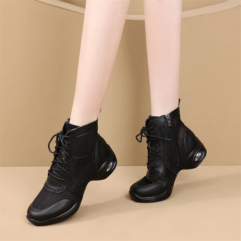 Women's Dancing Shoes Soft Bottom Leather mid Heel Black Mesh Breathable Square Dance Shoes Jazz Sailor Dance Footwear