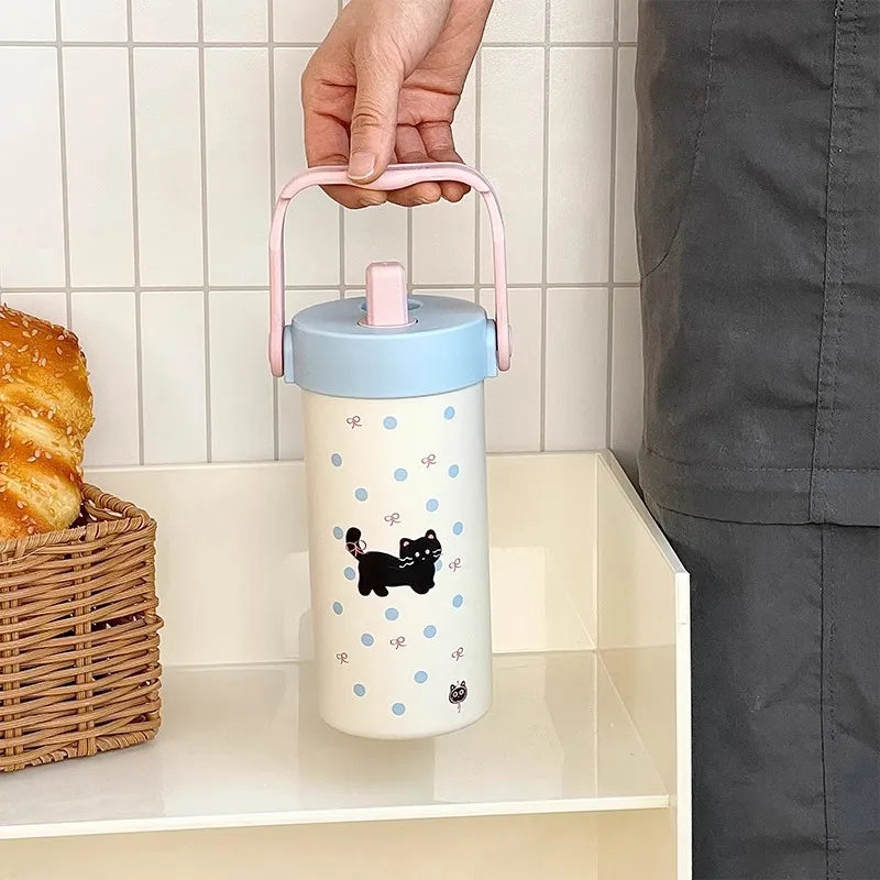 Cute Cat Thermos Mug 600ml Coffee Tea Tumbler Stainless Steel 316 Portable Thermal Water Bottle With Straw Tea Infuser Handle