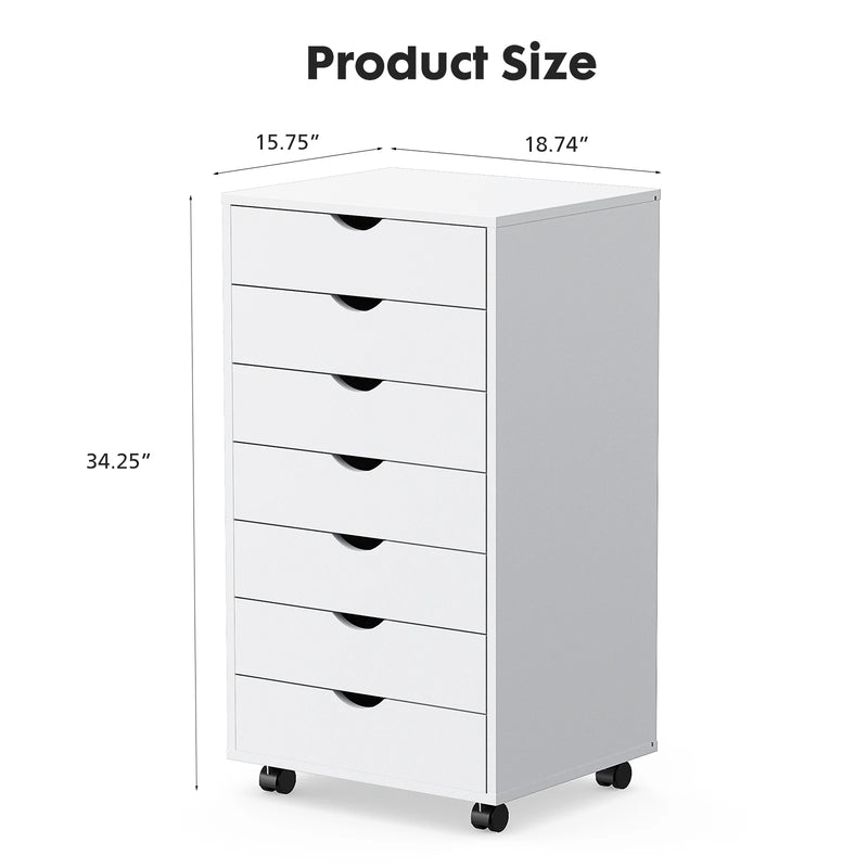 JHK 7 Drawer Chest Dressers Nightstand Storage Cabinet Wooden File Office Mobile Cabinet Wheels Living Room Organizer Rolling