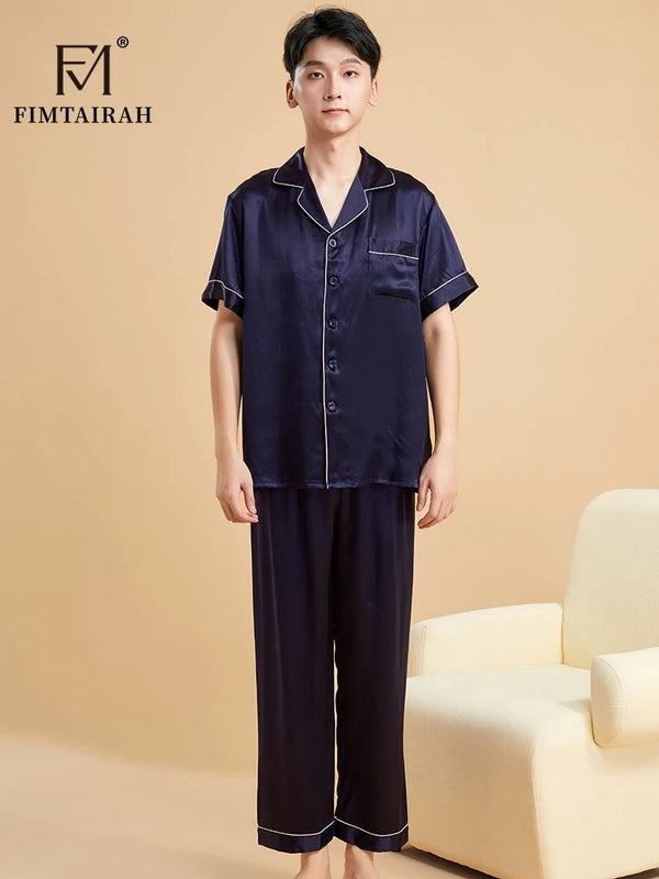 Fimtairah Real 19MMSilk 100% Mulberry Silk Pajamas Men's  Hangzhou Solid Color heavy Silk Home Wear Men's Short sleeve trousers