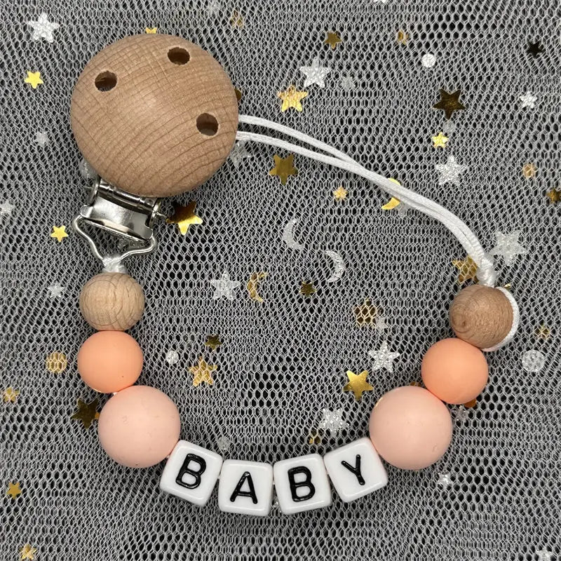 Free Custom Personalized Name Pacifier Clips Handmade Beech Wood Chain Silicone Crown Holder Soother Baby Teething Toy Chew Gift