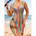 Rainbow Fishnet Women Sexy Beach Cover Up Dress Stretch See Through Sleeveless Swimsuit Cover up Mini Beachwear without Bikini