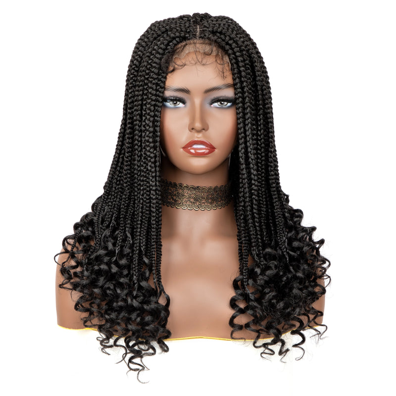 Synthetic Braided Wigs Lace Front Wigs Curly Ends Box Braided 4x4 Lace Wig with Baby Hair for Black Women Afro Wig 18 Inches
