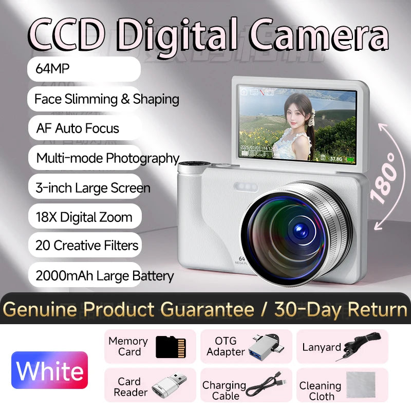 Famue FC02 Digital Camera for Students, 64MP Beauty Selfie Camera with 180° Flip Screen, 18X Zoom, 4K Video HD CCD for Vlogging
