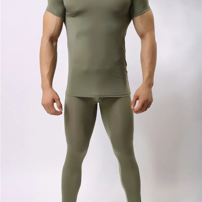 Warm Men Long Johns Ice Silky Ultra-Thin Thermal Underwear Men Underwear Long Johns Men Tops and Pants Set Long Johns Nightwear