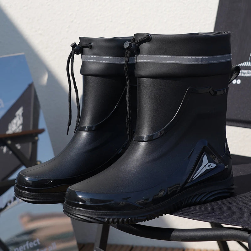 Outdoor work British style anti slip warm autumn and winter waterproof drawstring tied men's rain boots
