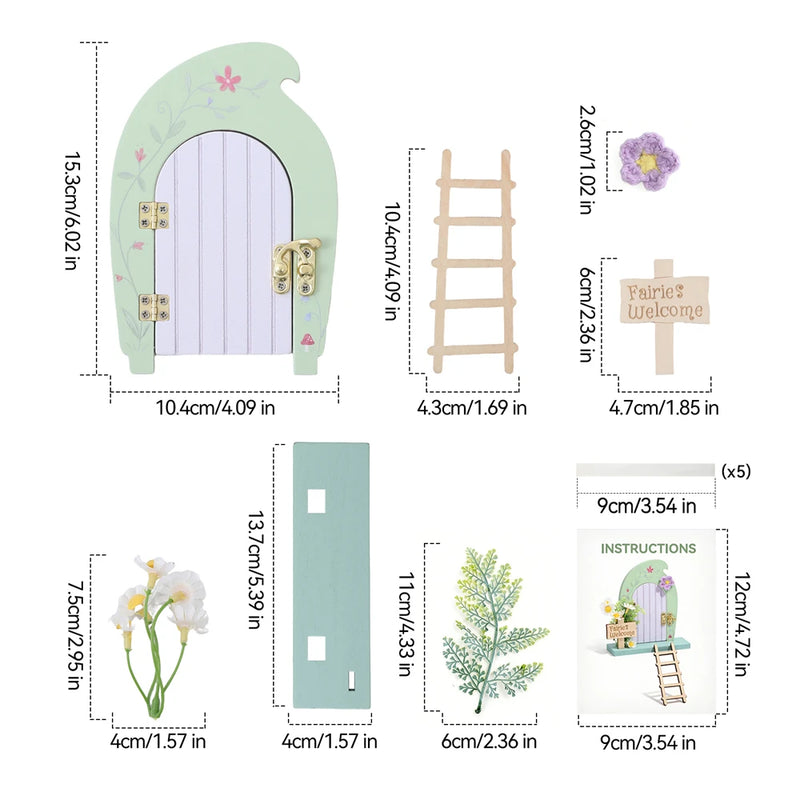 Fairy Garden Door Decor Set – Wooden Fairy Door with Plant, Crochet Flower, Ladder, Sign, Water-Based Paint, Nursery Decor