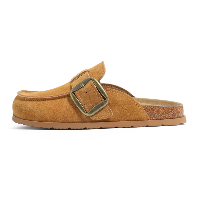 Comwarm Genuine Suede Clogs for Women Cork Footbed Leather Mules Slip On with Comfort Memory Foam and Adjustable Buckle