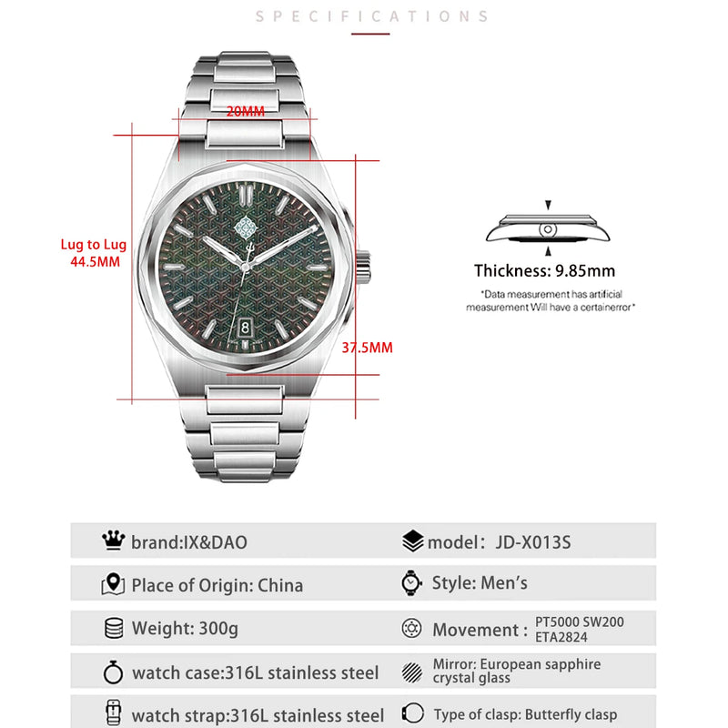 IX&DAO 2026 New 37mm Warrior Men's Automatic Mechanical Watch PT5000 Movement Sapphire Stainless Steel Waterproof 10Bar BGW9