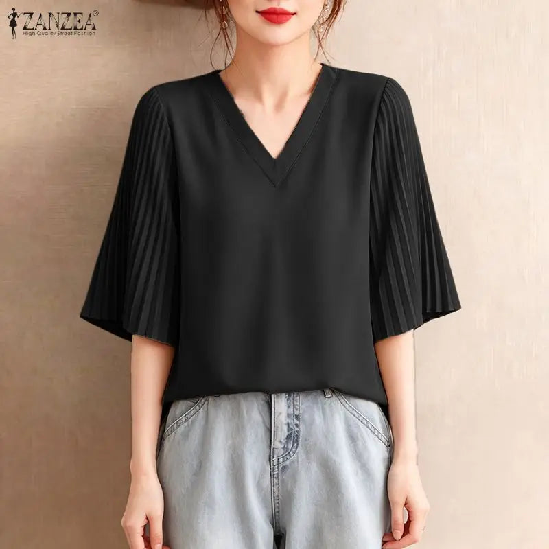 ZANZEA Summer Elegant V Neck Short Sleeve Blouse Women - View 5 | SAMAG