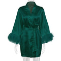 White Bride Wedding Robe with Feathers Women Satin | SAMAG