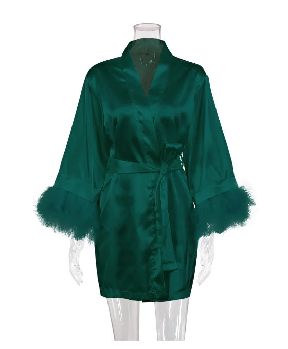 White Bride Wedding Robe with Feathers Women Satin | SAMAG