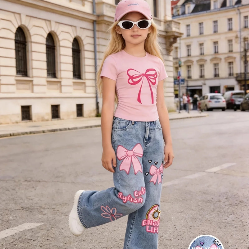 Girls' Y2K Style 2 - Piece Set: Pink Bow - Print Slim - Fit - View 4 | SAMAG