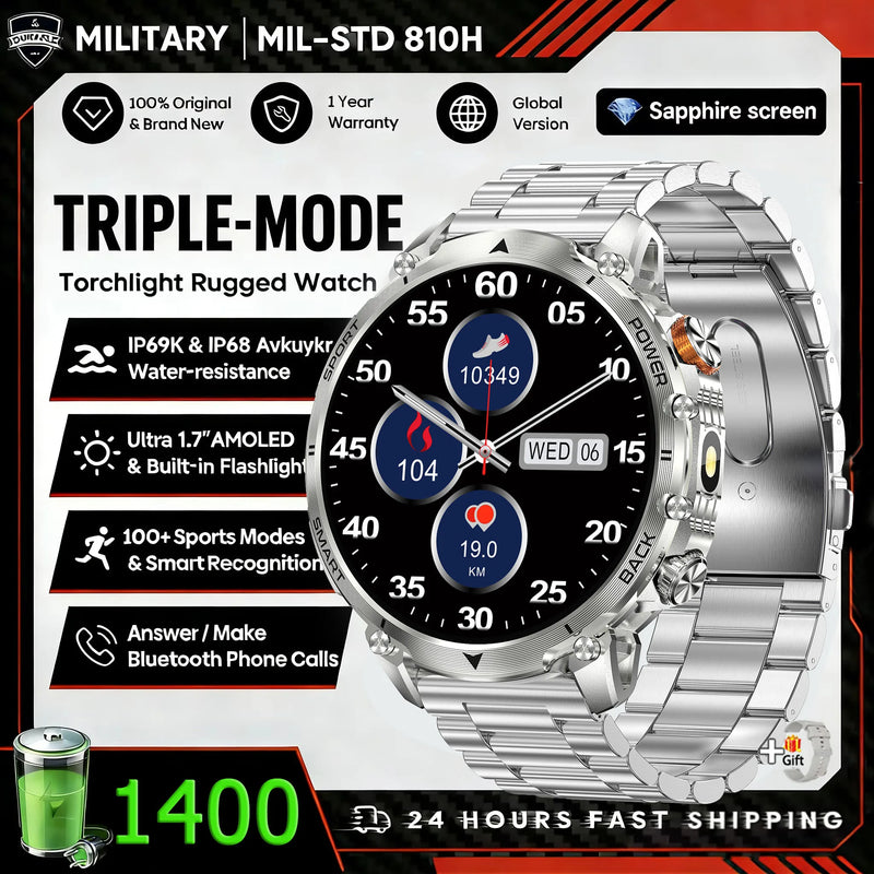 Hot New 1400mAh Big Battery Smart Watch Men Outdoor Flashlight IP68 Waterproof Bluetooth Call AMOLED Military Sports Smartwatch