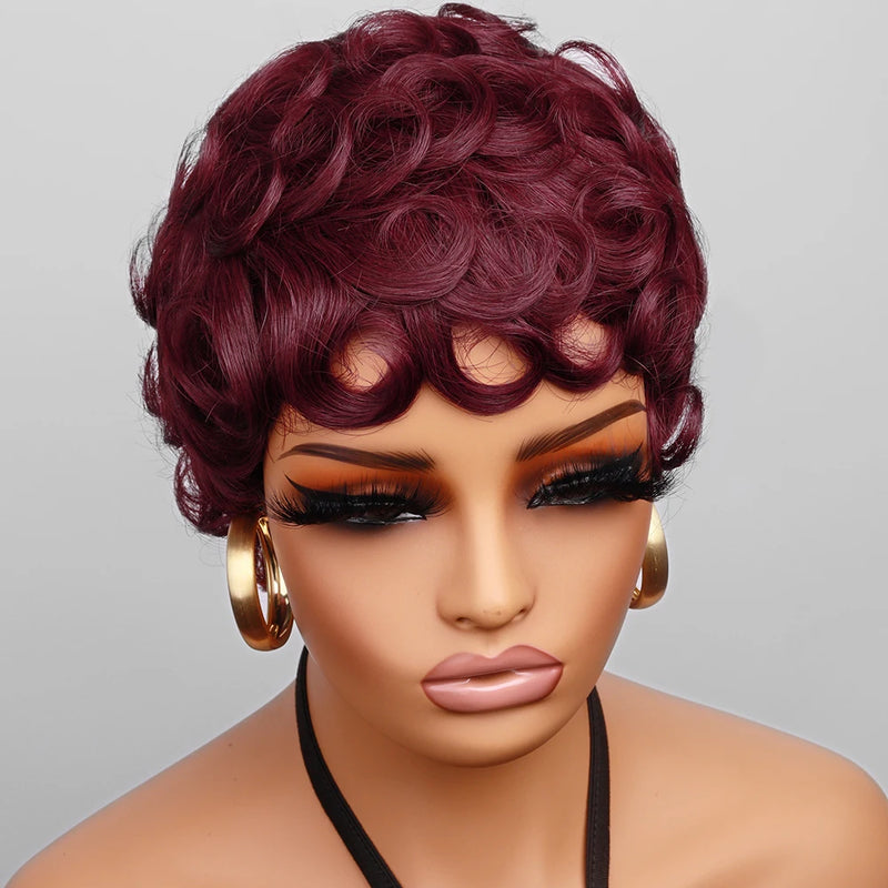 613 Honey Blonde Curly Pixie Cut Wig 100% Human Hair with Bangs Short Curly Human Hair Wigs for Women Machine Made