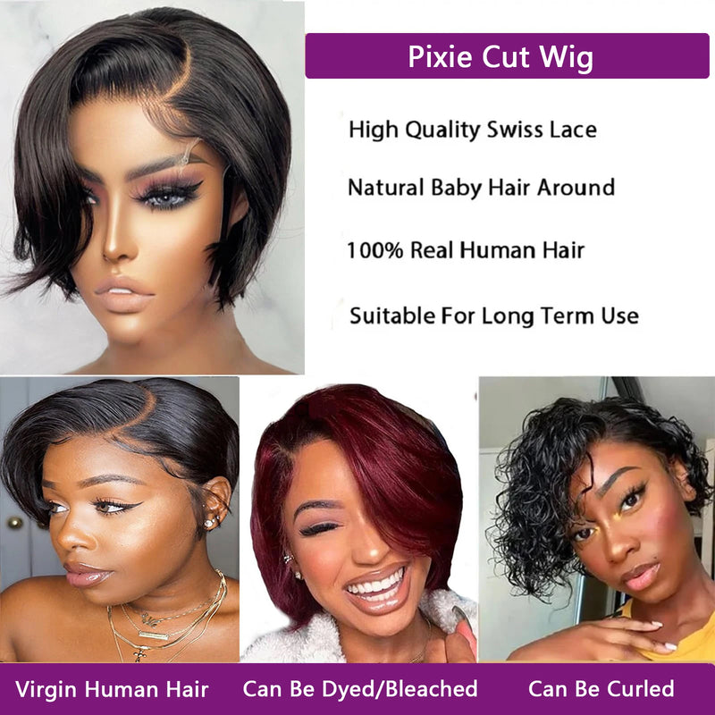 Straight Pixie Cut Wig Transparent Lace Front Human Hair Wig Short Bob Wigs 13x4 4x4 Pixie Wig Brazilian Remy Human Hair #1B Natural Color
