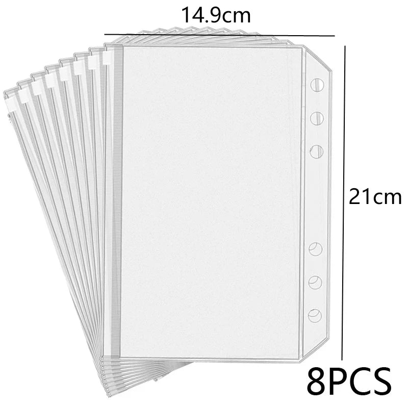 ♥8Pcs Clear A5 A6 A7 Binder Pockets Clear Zipper Folders For 6-Ring Notebook Binder Files Reports Binder