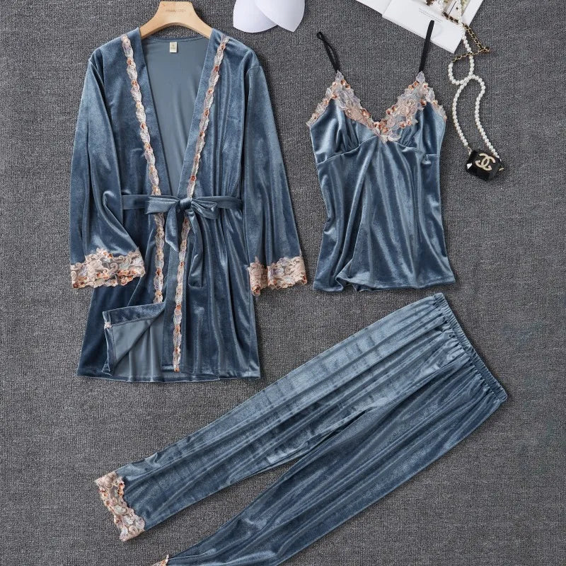 New Velour Pajama Suit Women Robe Nightgown Set Sleepwear | SAMAG