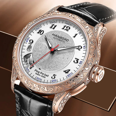 HANBORO Mechanical Alarm Watch Men Automatic Ping Bell Hourly Chime Luxury 100M Waterproof Sapphire Steel Business | SAMAG