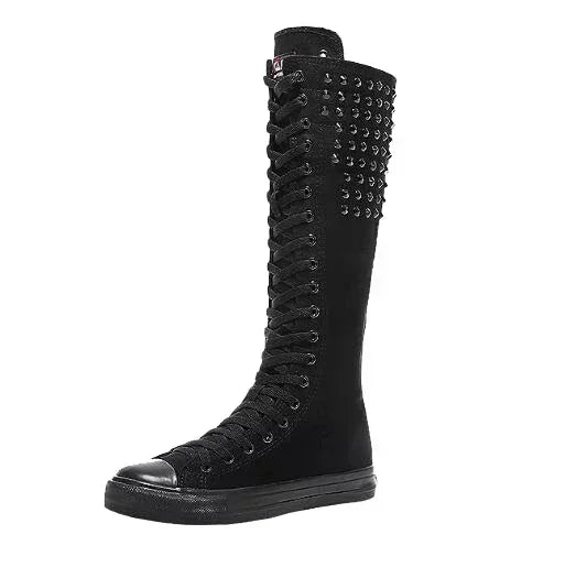 Boots Women Sneakers Canvas Casual High Top Shoes Long Boot Lace-Up Zipper Comfortable Flat Boot Sneakers Tenis Feminino