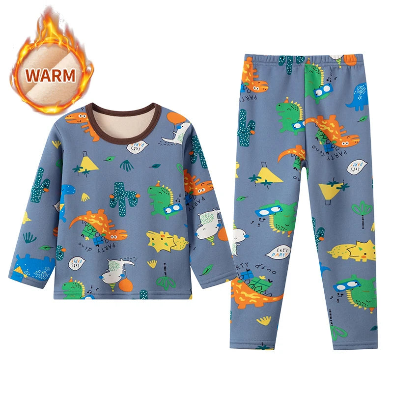 2-piece Autumn And Winter Children's Plush Thick Warm Home Underwear Set For Boys And Girls Fun And Cute Tops Comfortable Pants