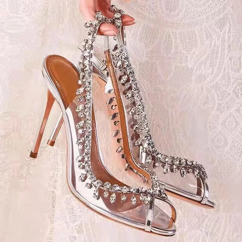 Fashion Women's Pumps and Heels Fish Mouth Transparent Band Rhinestone Chain Trend Stiletto Heel Womens Shoes Sandalias De Mujer