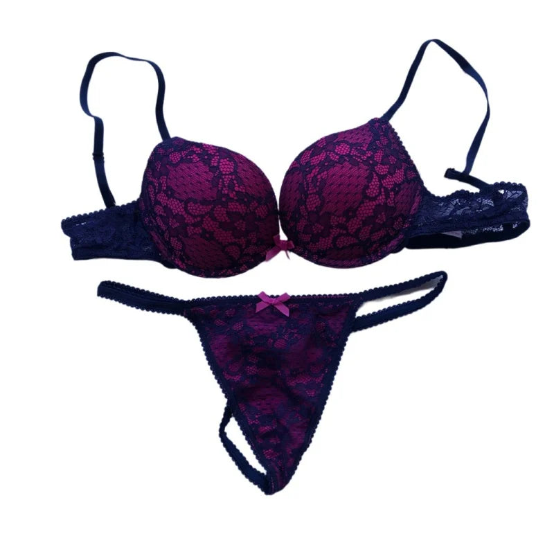 Cotton Deep V Lace Surface Push Up Sexy Bra Panty Sets Matching Bow G-string Comfortable Underwear Women Lingerie Set Intimates