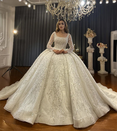 Luxury Sparkly Ball Gown Wedding Dress Long Sleeves | SAMAG