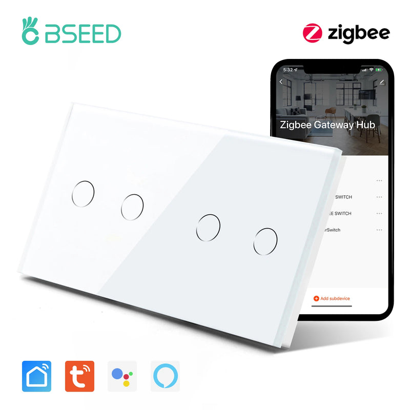 BSEED 1/2/3Gang Zigbee Touch Switch Wall Light Switch With Smart EU Socket Support Google Alexa Tuya Control No Neutral Line