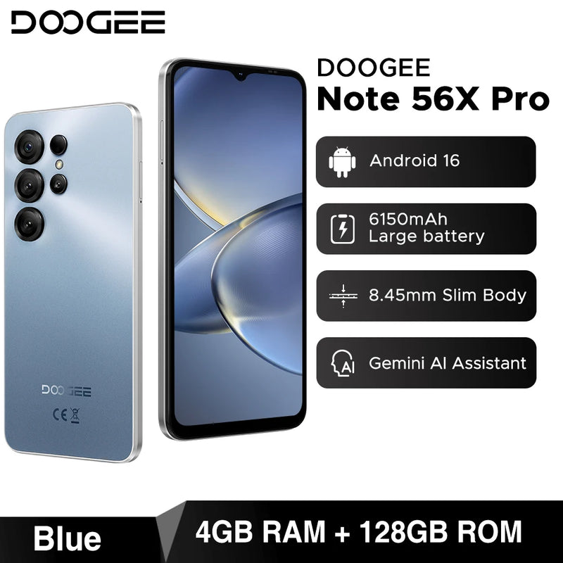 DOOGEE Note56 X PRO Mobile Phone 8.45mm Slim Body 6150mAh Battery Gemini Al Assistant Widevine L1 Android 16 Smartphone NFC