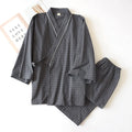 Japanese-style Kimono, Cotton Gauze, Spring And Autumn Men's Plaid Nightgown Two-piece Home Service Yukata Lace-up Pajama Set