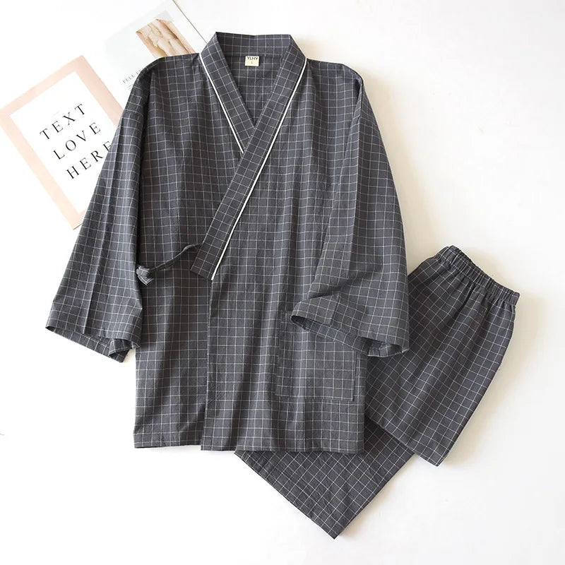Japanese-style Kimono, Cotton Gauze, Spring And Autumn Men's Plaid Nightgown Two-piece Home Service Yukata Lace-up Pajama Set