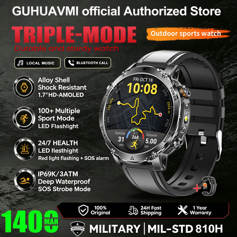 New 1400mAh Battery Sports Smart Watch 1.7” SOS+Flashlight Exercise Record Bluetooth Call Waterproof Health Watch For Android iO