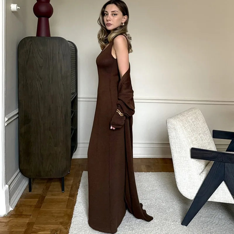 Tuularose Women Long Dress 2 Piece Solid Knitted Spaghetti Strap Dress Long Sleeve Cardigan Set Casual Fashion Female Dress Set