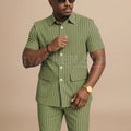 Navy Blue Striped Men Suits Chic Stand Collar Short Sleeves Wear Single Breasted Office Business Casual Male Suit 2 Piece