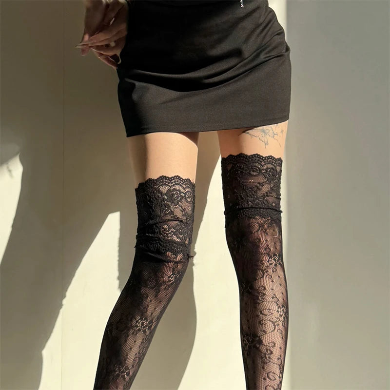 Y2K Women's Sexy Lace Floral Over The Knee Stockings Long Leg Boot Socks Breathable JK Lolita Costumes Socks Fishnet Stockings