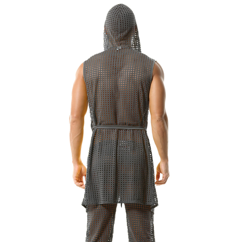Men's Fishnet Hollow Out Robes Classic Lounge Pants Sexy Sleepwear Mens Robe Sets Daily Home Sleeveless Bathrobes Hooded Pajamas